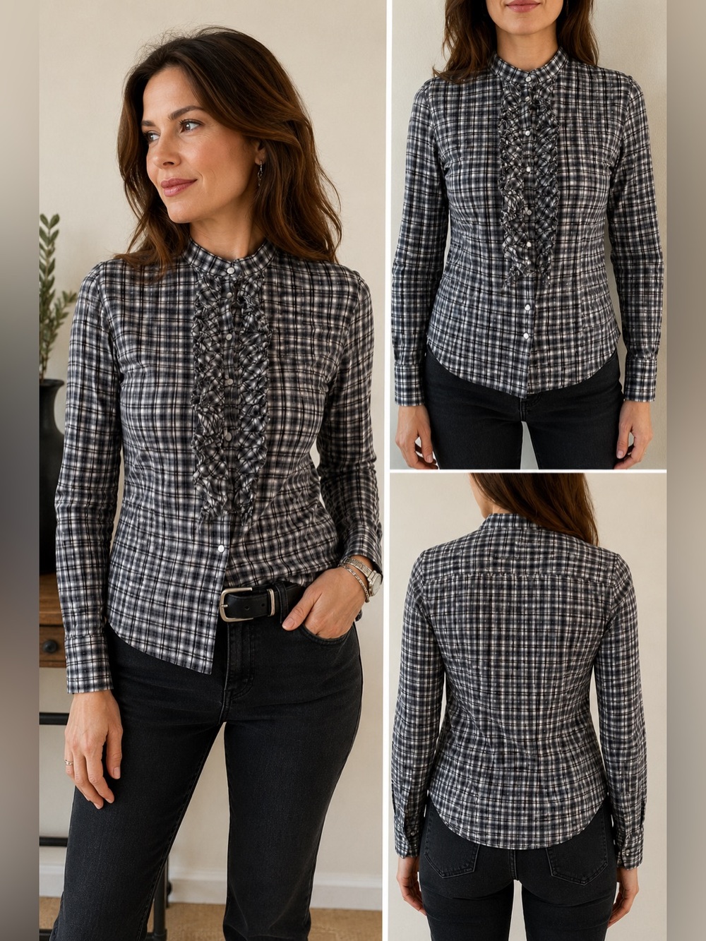 McQ Alexander McQueen Plaid Ruffle Front Blouse Made in Italy Size IT 46